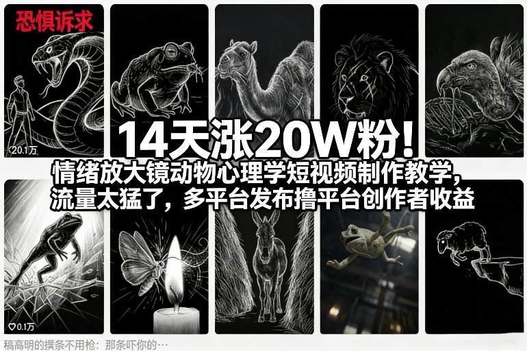 14天涨20W粉!情绪放大镜动物心理学短视频制作教学,流量太猛了,多平台发布撸平台创作者收益